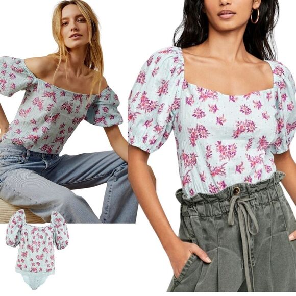 Free People Crinkle Square Neck Blouse Bodysuit 'ANGELA' in Mint Size m - Picture 1 of 16